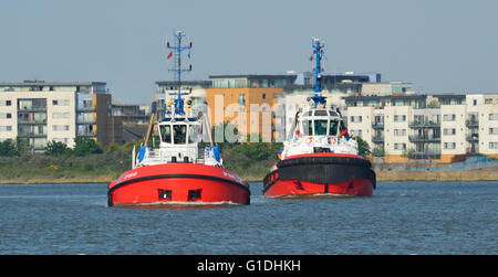 Tugs SD Shark and ZP Bear, operated by KOTUG SMIT TOWAGE, head up river to meet an incoming vessel. Stock Photo