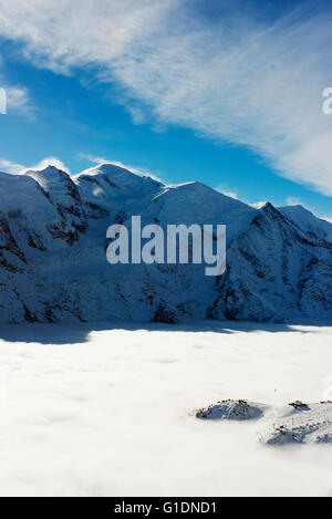 Europe, France, Haute Savoie, Rhone Alps, Chamonix, sea of clouds weather inversion over Chamonix valley, Mont Blanc (4810m) Stock Photo