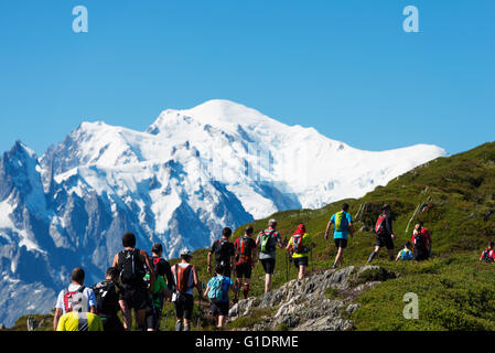 Europe, France, Haute Savoie, Rhone Alps, Chamonix, Chamonix trail running marathon, Mont Blanc 4810m Stock Photo