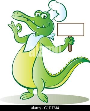 vector illustration of a cook crocodile mascot holding a blank signboard and gesturing excellent sign Stock Vector