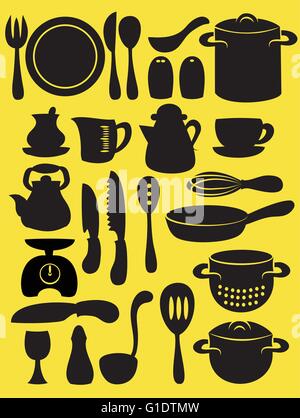 vector illustration of cooking utensil set in silhouette mode on yellow mode Stock Vector