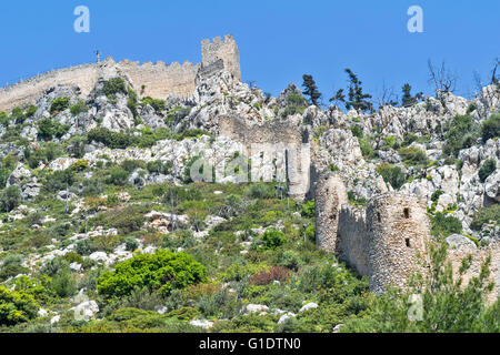 NORTH CYPRUS SAINT HILARION CASTLE WALLS AND TOWERS ON THE MOUNTAIN SIDE Stock Photo