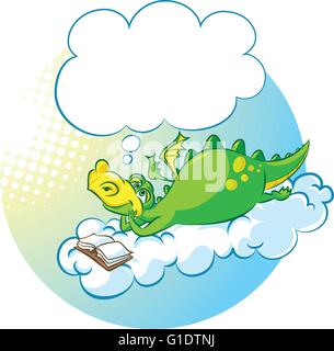 vector illustration of a dragon reading and dreaming on clouds Stock Vector