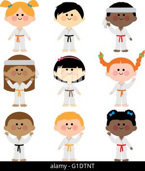 Children wearing martial arts uniforms: karate, Taekwondo, judo, jujitsu, kickboxing, or kung fu suits vector set Stock Vector