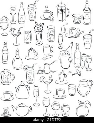 vector illustration of beverage collection in line art mode Stock Vector