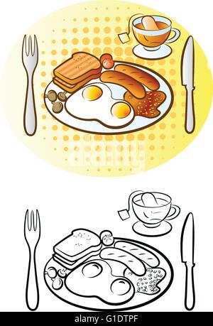 vector illustration of full english breakfast in line art and color mode Stock Vector