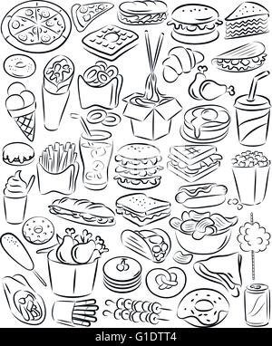 vector illustration of fast food collection in line art mode Stock Vector