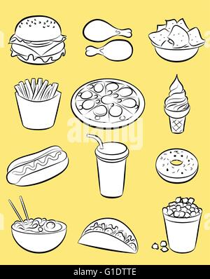 vector illustration of fast food collection in line art mode on yellow background Stock Vector