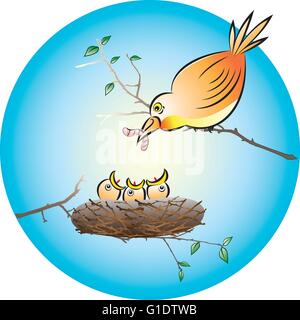vector illustration of a bird feeding the hungry chicks with a earthworm in the nest Stock Vector