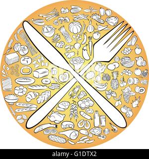 Vector illustration of crossed knife and fork with food groups in line art mode Stock Vector
