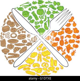 Vector illustration of crossed knife and fork with food groups in color mode Stock Vector