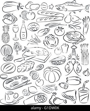 vector illustration of food collection in line art mode Stock Vector