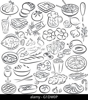 vector illustration of food collection in line art mode Stock Vector