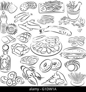 vector illustration of  food collection in black and white Stock Vector