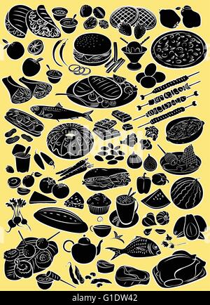 Vector illustration of food collection in silhouette mode on yellow background Stock Vector