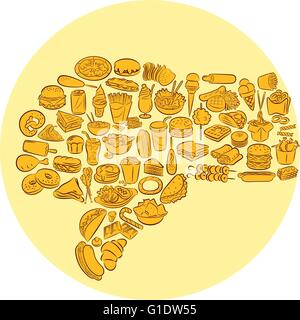 Vector illustration of fast food items gesturing thumbs down on yellow background Stock Vector