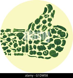 Vector illustration of hand made of food items gesturing thumbs up on yellow background Stock Vector
