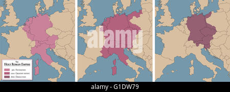 Holy Roman Empire, medieval europe - three historical maps with foundation of the empire 962 AD, greatest extent 1200 AD and dis Stock Photo