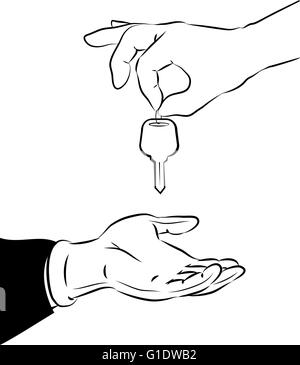 Vector illustration of handing over the key in line art mode Stock Vector