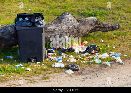 Garbage waste in park full of all sort of trash. Stock Photo