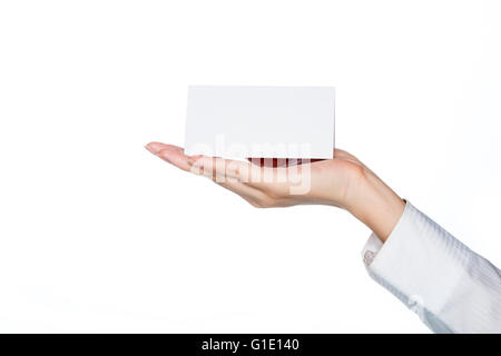 woman hand holding blank card on white background, service Stock Photo