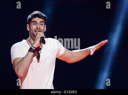Stockholm, Sweden. 13th May, 2016. Freddie representing Hungary with 'Pioneer' performs during the First Dress Rehearsal of the 61st annual Eurovision Song Contest (ESC) in Stockholm, Sweden, 13 May 2016. The Grand Final will take place on 14 May. Photo: Britta Pedersen/dpa/Alamy Live News Stock Photo
