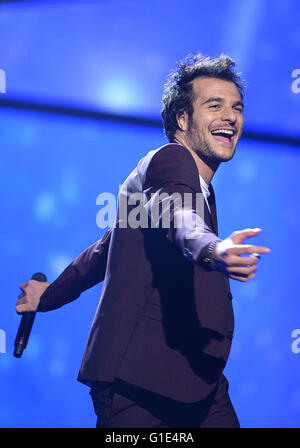 Stockholm, Sweden. 13th May, 2016. Amir representing France with 'J'ai cherche' during the First Dress Rehearsal of the 61st annual Eurovision Song Contest (ESC) in Stockholm, Sweden, 13 May 2016. The Grand Final will take place on 14 May. Photo: Britta Pedersen/dpa/Alamy Live News Stock Photo