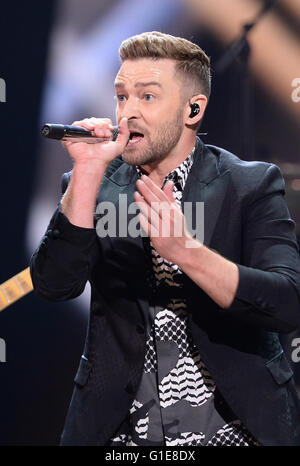 Stockholm, Sweden. 13th May, 2016. US Singer Justin Timberlake performs during the Second Dress Rehearsal of the 61st annual Eurovision Song Contest (ESC) in Stockholm, Sweden, 13 May 2016. The Grand Final will take place on 14 May. Photo: Britta Pedersen/dpa/Alamy Live News Stock Photo