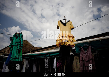 Barcelona, Catalonia, Spain. 21st June, 2013. File Image - Traditional flamenco dancer dresses exposed at the extinct Encants Vells market in Barcelona. The market ''Encants Vells'' (Old Charms in catalan) in the city of Barcelona was one of the oldest markets in Europe (from the fourteenth century). It was moved to a new location in an environment of modern architecture. It has always been customary for bargains, antiques and more varied products. © Jordi Boixareu/ZUMA Wire/Alamy Live News Stock Photo