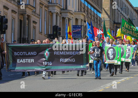 Glasgow, Scotland, UK. 14th May, 2016. More than 1000 members and supporters of Cairde Na heireann, also known as 'Friends of Ireland' paraded through Glasgow City centre in remembrance of the 100th anniversary of the Easter Risings in Ireland and the 35th anniversary of the hunger strikes by Republican prisoners. A similar march is planned  for 11 June 2016 to coincide with the annual parade by the Loyal Orange Lodge (LOL) and is seen by many as confrontational. Credit:  Findlay/Alamy Live News Stock Photo
