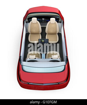Rear view of self-driving car cutaway image.Front seats turned backward in meeting mode. Stock Photo