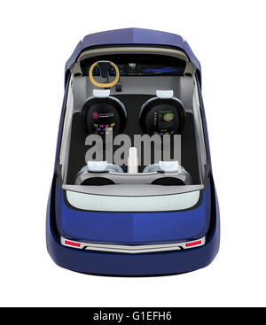 Rear view of self-driving car cutaway image. Front seats in driving mode and backrest monitor showing business graph chart. Stock Photo