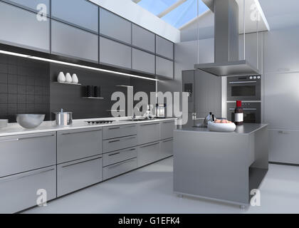 Modern kitchen interior with smart appliances in silver color coordination. 3D rendering image. Stock Photo