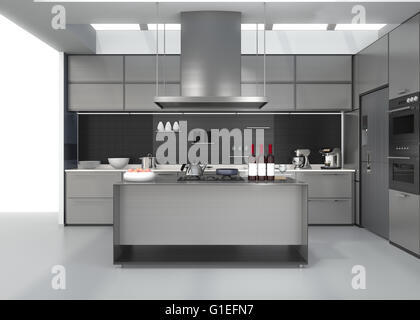 Modern kitchen interior with smart appliances in silver color coordination. 3D rendering image. Stock Photo