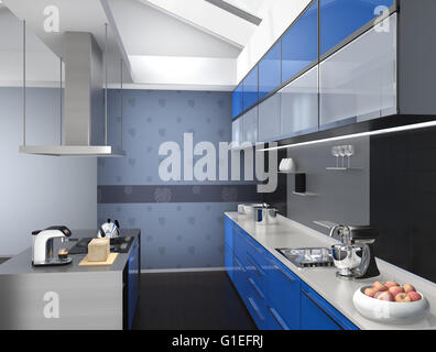 Modern kitchen interior with smart appliances in blue color coordination. 3D rendering image. Stock Photo
