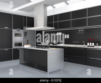 Modern kitchen interior with smart appliances in black color coordination. 3D rendering image. Stock Photo