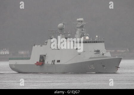 KDM Absalon (L16), an Absalon-class command and support vessel of the Danish Navy, arrives for Exercise Joint Warrior 16-1. Stock Photo