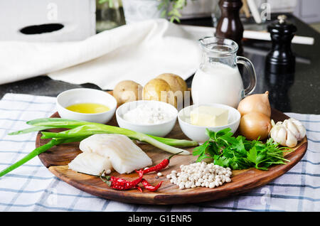 ingredients for cooking fresh cod fishcakes Stock Photo