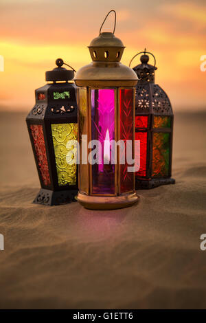 Ramadan Lantern on desert during a sunset in Dubai United Arab Emirates Stock Photo
