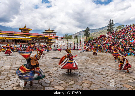 Dance of terrifying deities (Tungam) at Paro religious festival Bhutan Stock Photo