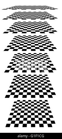 Checkerboards, chessboards, checkered planes in different perspective. Tilted, vanishing empty marble, pepita floors Stock Vector