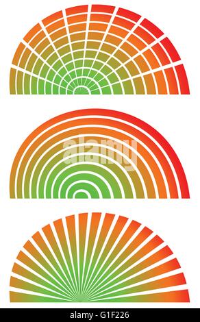 Radial elements with spectrum fill. Set of 3 circular, semicircle shaped elements. Bars, horizontal and vertical radiating lines Stock Vector