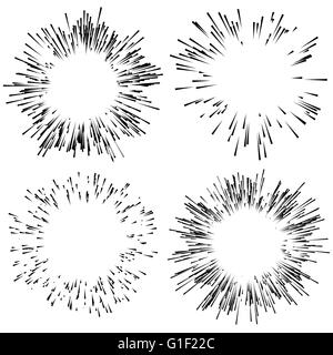 Set of 4 fireworks, explosion elements. Radiating lines in random, irregular fashion Stock Vector
