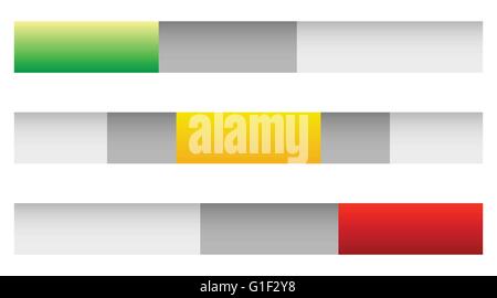 Horizontal power switches, power buttons. 3 state sliders. On, off, standby stages. UI elements. Stock Vector