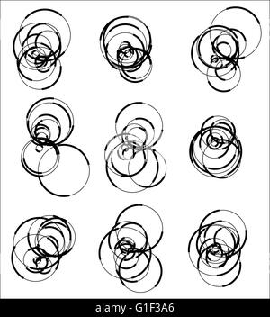 Scattered, random circle element set - Set of 9 monochrome geometric shape. Stock Vector