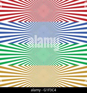 Starburst / sunburst banner background in 4 color. Converging, radiating, radial lines horizontal background set. Monochrome wid Stock Vector