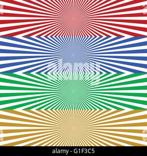 Starburst / sunburst banner background in 4 color. Converging, radiating, radial lines horizontal background set. Monochrome wid Stock Vector