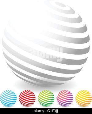 Striped spheres in 6 colors. 3d geometric orbs, balls. Generic icons, design elements. Stock Vector
