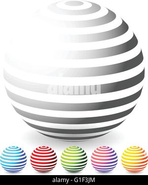 Striped spheres in 6 colors. 3d geometric orbs, balls. Generic icons, design elements. Stock Vector