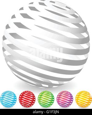 Striped spheres in 6 colors. 3d geometric orbs, balls. Generic icons, design elements. Stock Vector